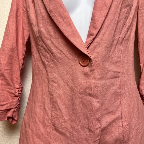 Stoosh Womens Pink Linen Blend Blazer Sz S Preppy Coastal Rayon Ruching Ruffle - Picture 5 of 10
